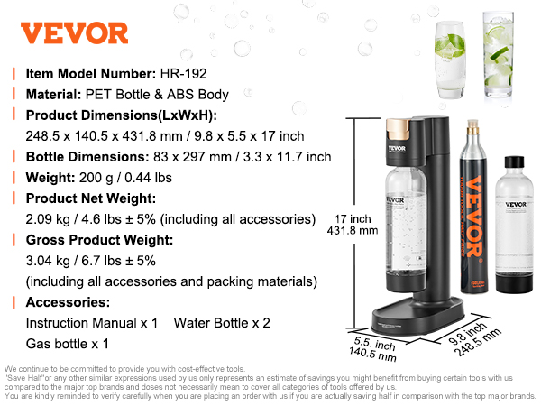 VEVOR sparkling water maker, pet bottle & abs body, soda dispenser, bpa-free bottles, gas bottle.