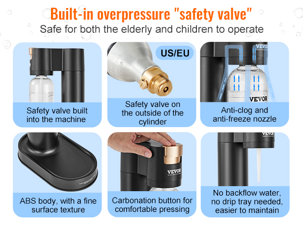 VEVOR sparkling water maker with overpressure safety valve, anti-clog nozzle, and comfortable carbonation button.