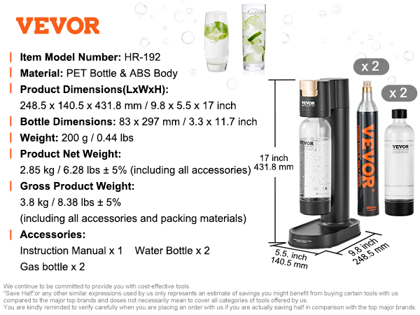 VEVOR sparkling water maker, soda dispenser, bpa-free bottle, gas bottle, dimensions, weight, accessories.