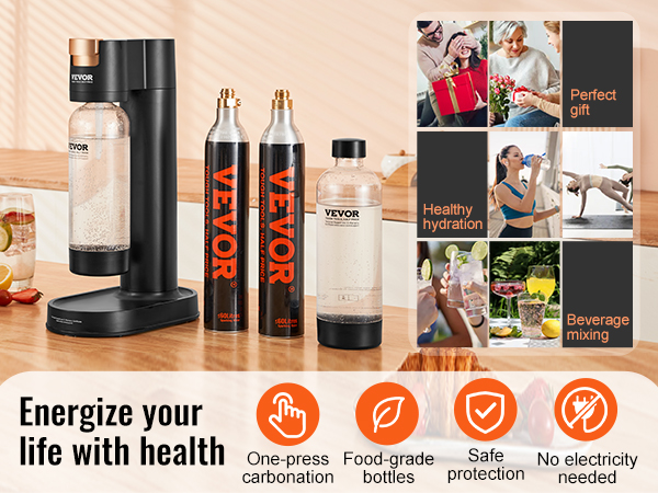 VEVOR sparkling water maker with one-press carbonation, food-grade bottles, no electricity needed.