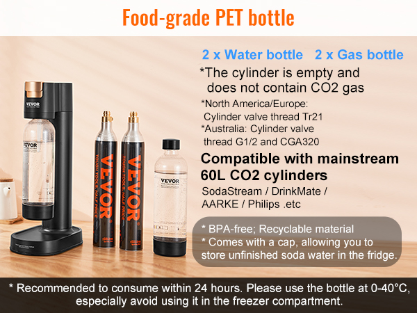 VEVOR sparkling water maker with compatible 60l co2 cylinders, food-grade pet bottle, bpa-free.