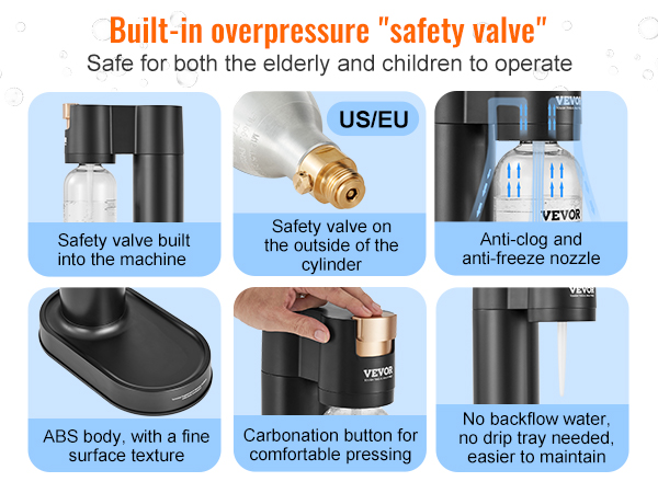 VEVOR sparkling water maker safety valve, anti-clog nozzle, abs body, easy maintenance, safe for all users.