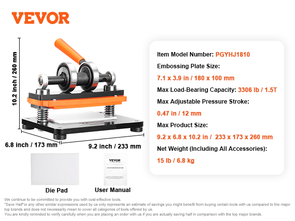 VEVOR leather cutting machine: model pgyhj1810, embossing plate 7.1"x3.9", max load 3306 lb, net weight 15 lb.