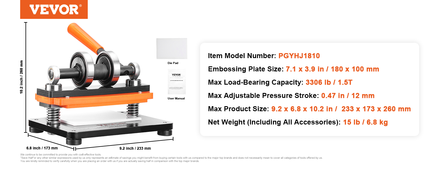 VEVOR leather cutting machine: model pgyhj1810, embossing plate 7.1"x3.9", max load 3306 lb, net weight 15 lb.