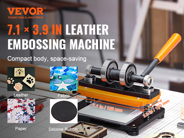 VEVOR leather cutting machine on a workspace table, showcasing its compact size and versatile uses for leather, fabric, paper