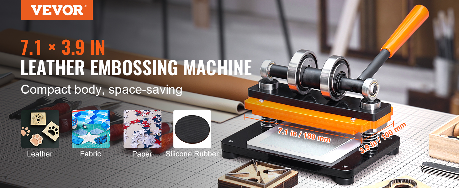 VEVOR leather cutting machine on a workspace table, showcasing its compact size and versatile uses for leather, fabric, paper