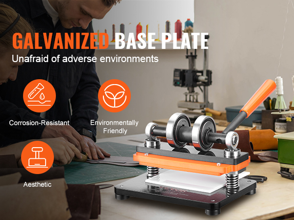 VEVOR leather cutting machine with galvanized base plate on a workshop table showcasing various tools.