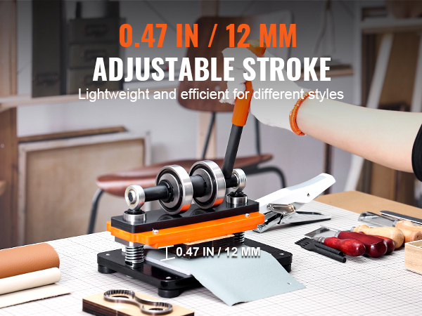 hand operating VEVOR leather cutting machine with 0.47 in / 12 mm adjustable stroke for efficient work.