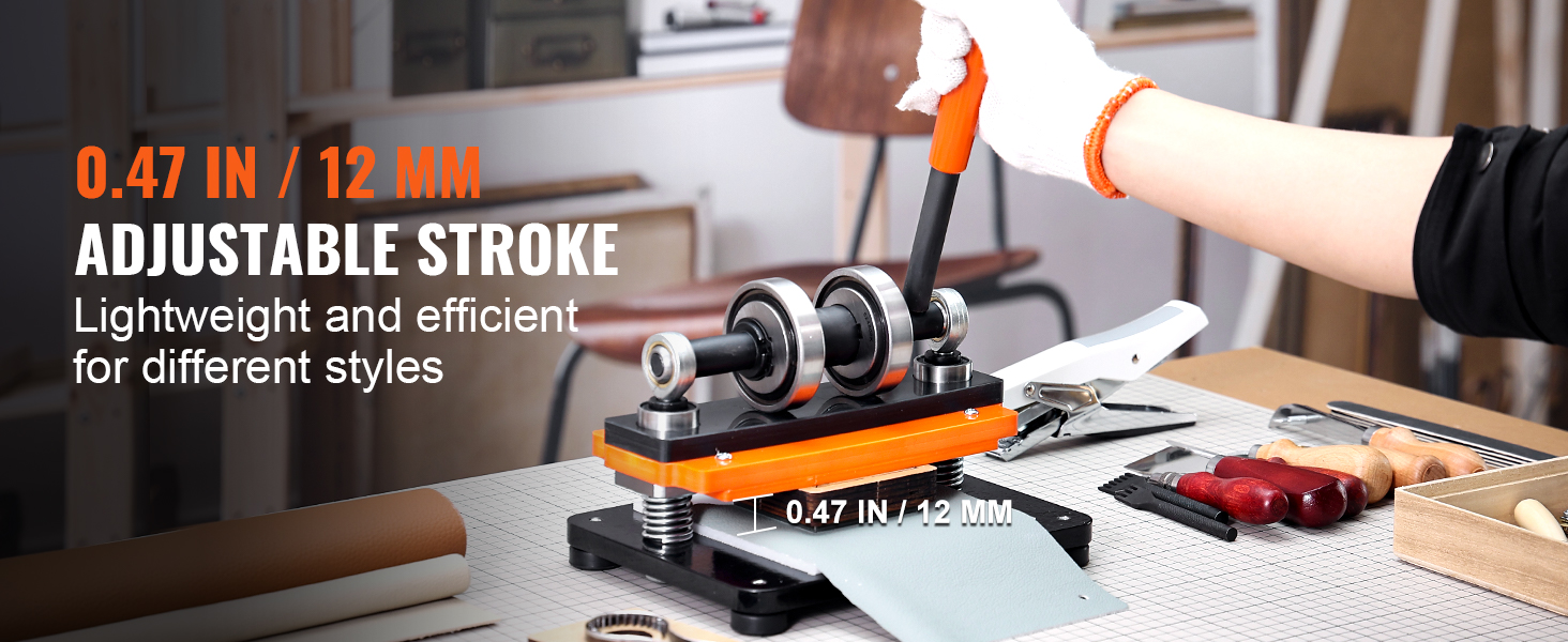 hand operating VEVOR leather cutting machine with 0.47 in / 12 mm adjustable stroke for efficient work.