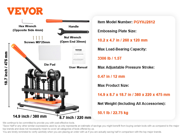 VEVOR leather cutting machine with handle, nut wrench, user manual, and detailed specifications.