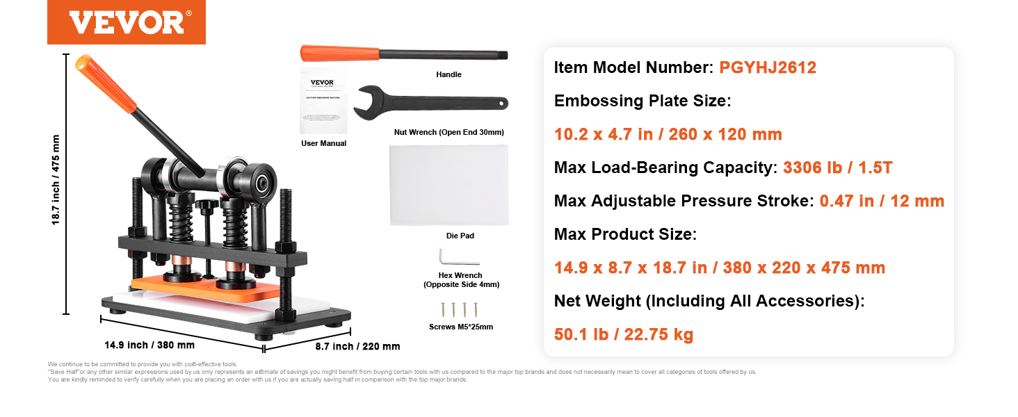 VEVOR leather cutting machine with handle, nut wrench, user manual, and detailed specifications.