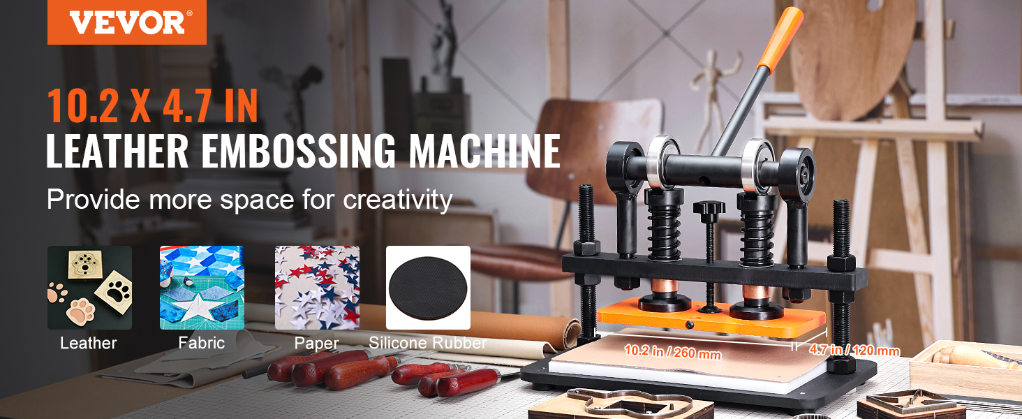 VEVOR leather cutting machine, 10.2 x 4.7 in, ideal for leather, fabric, paper, and silicone rubber.