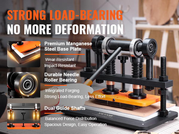 VEVOR leather cutting machine with premium manganese steel base, durable needle roller bearing, dual guide shafts.