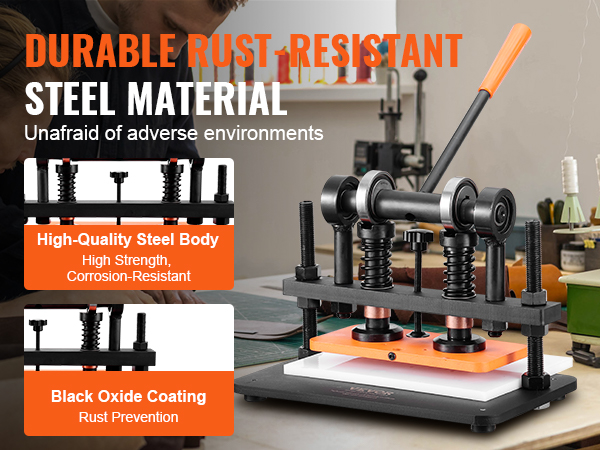 VEVOR leather cutting machine with durable rust-resistant steel, high-quality steel body, and black oxide coating.