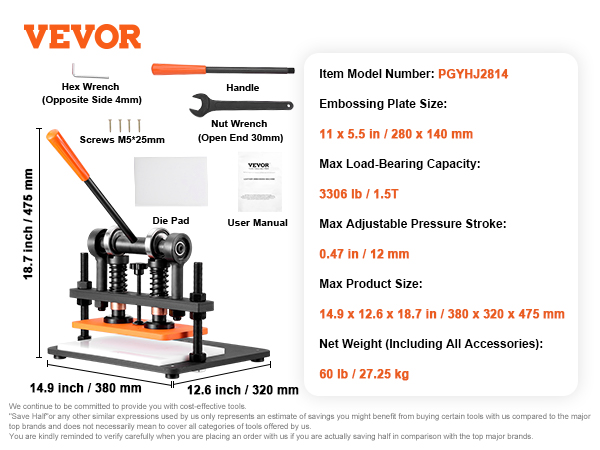 VEVOR leather cutting machine with handle, wrenches, die pad, screws and specifications for pgyhj2814.