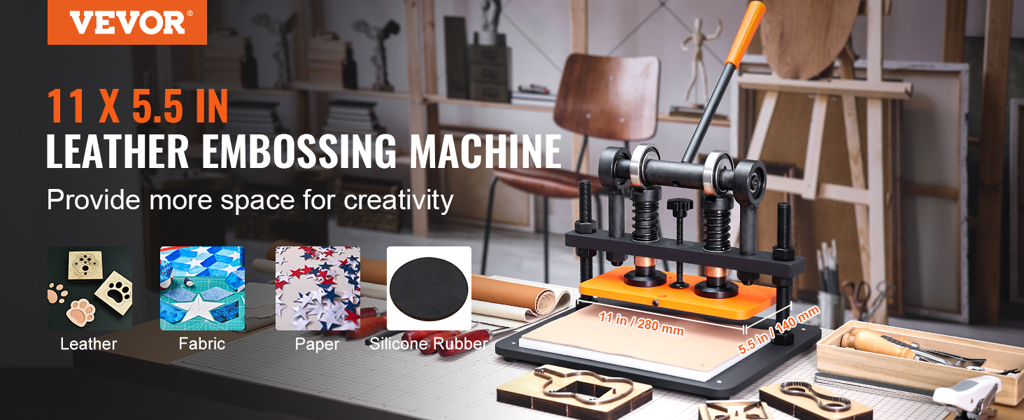 VEVOR leather cutting machine for leather, fabric, paper, and silicone rubber in a creative workspace.