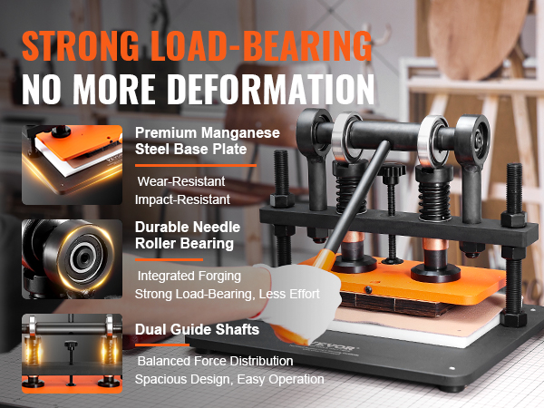 VEVOR leather cutting machine with premium steel base, durable roller bearing, and dual guide shafts.