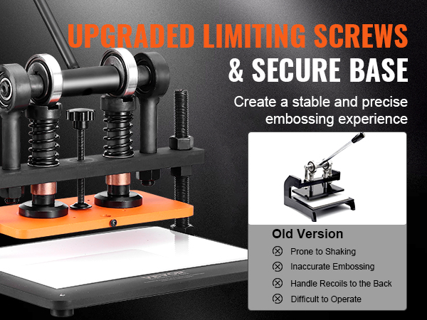 upgraded VEVOR leather cutting machine with improved limiting screws and secure base for precise embossing.