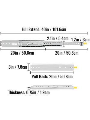 VEVOR drawer slides dimensions: full extend 40in, thickness 0.75in, pull back 20in.