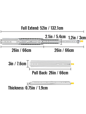 VEVOR drawer slides, full extend 52in, pull back 26in, thickness 0.75in.