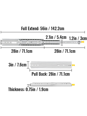 VEVOR drawer slides dimensions: full extent 56in, 2.1in wide, 28in pullback, 0.75in thick.