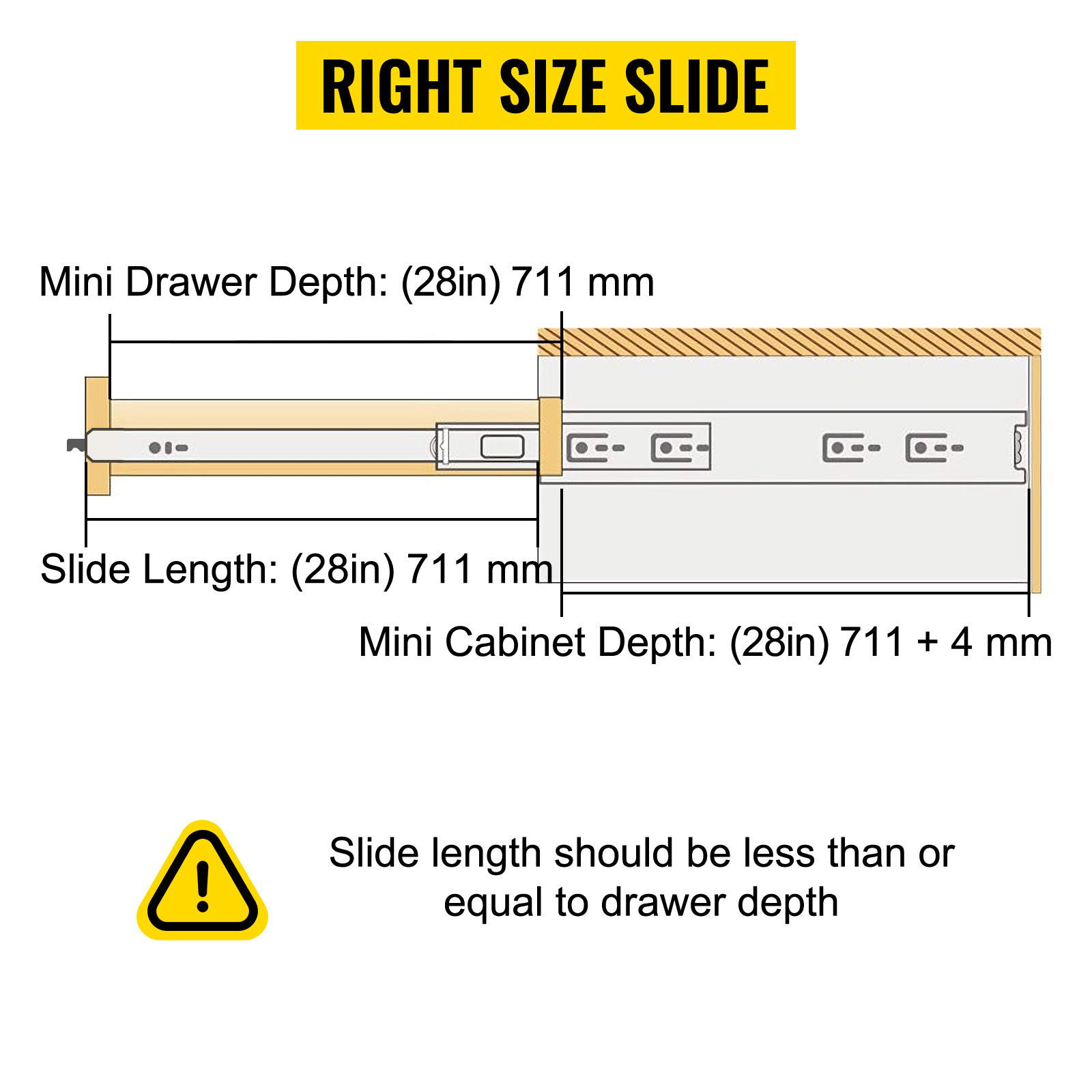 diagram showing drawer slide dimensions with a caution about fitting VEVOR drawer slides.