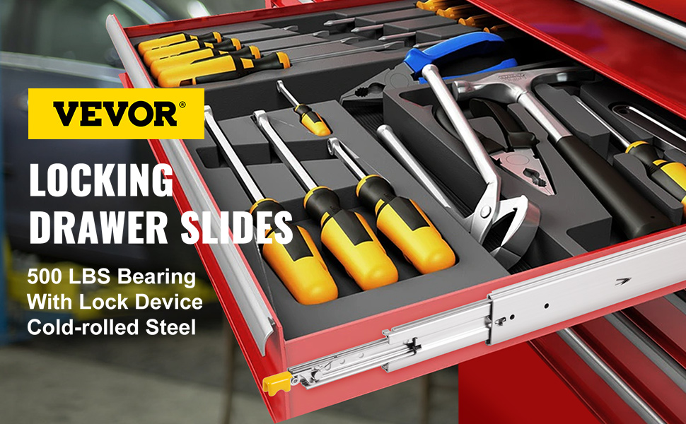 VEVOR drawer slides heavy-duty holding tools, 500 lbs bearing, with lock device, red drawer.
