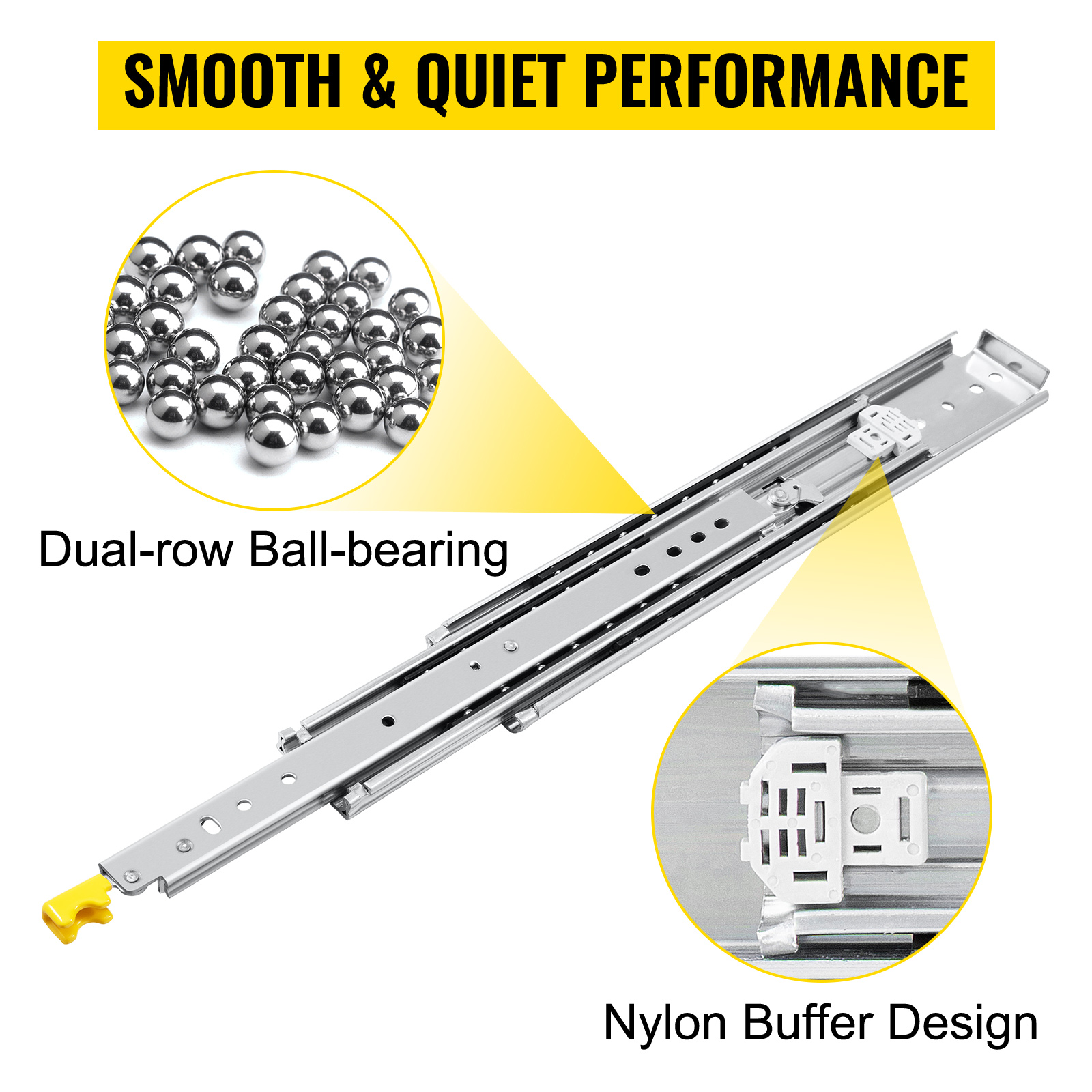 VEVOR drawer slides heavy-duty with dual-row ball-bearing and nylon buffer design.