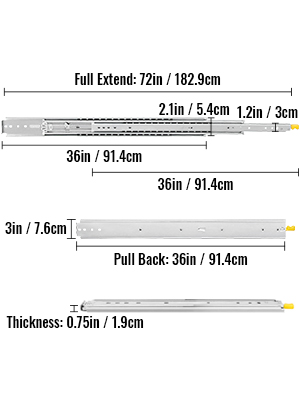 VEVOR drawer slides dimensions and specifications chart with measurements in inches and cm.