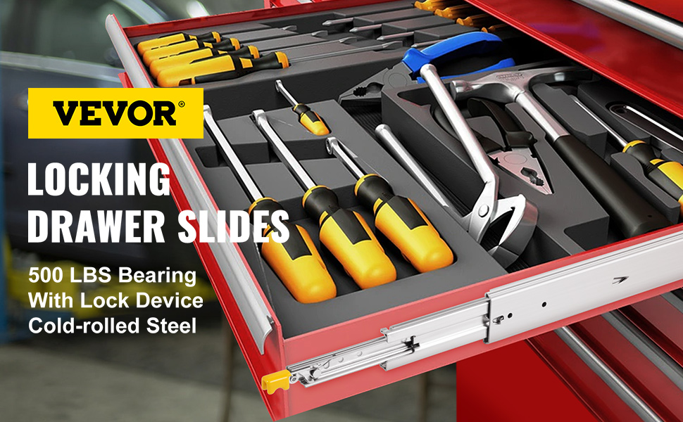 VEVOR heavy-duty drawer slides in red tool chest with various hand tools.