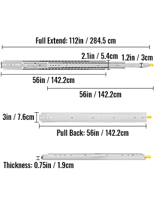 VEVOR heavy-duty drawer slides dimensions: fully extended 112in, pulled back 56in.