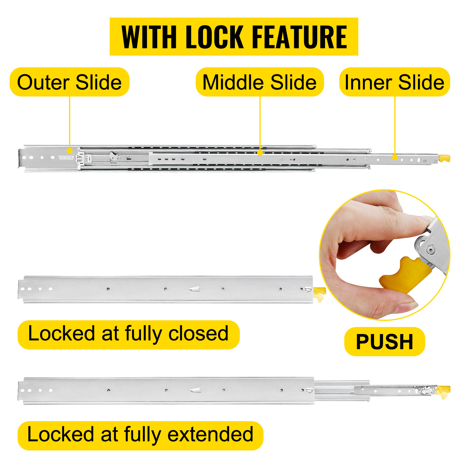 VEVOR heavy-duty drawer slides with lock mechanism, at fully closed and extended states.