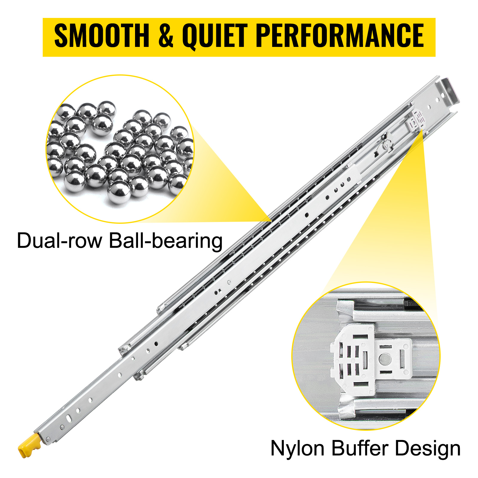VEVOR heavy-duty drawer slides with dual-row ball-bearings and nylon buffer design.