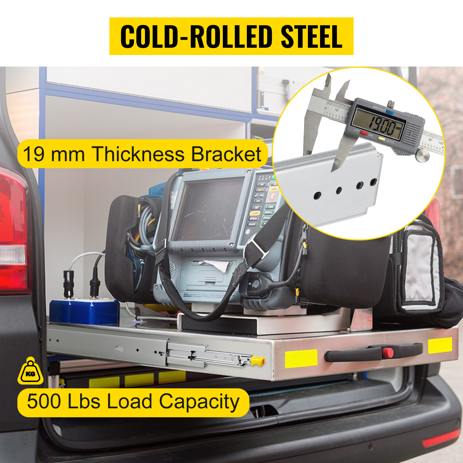 cold-rolled steel VEVOR heavy-duty drawer slides with 500 lbs load capacity.
