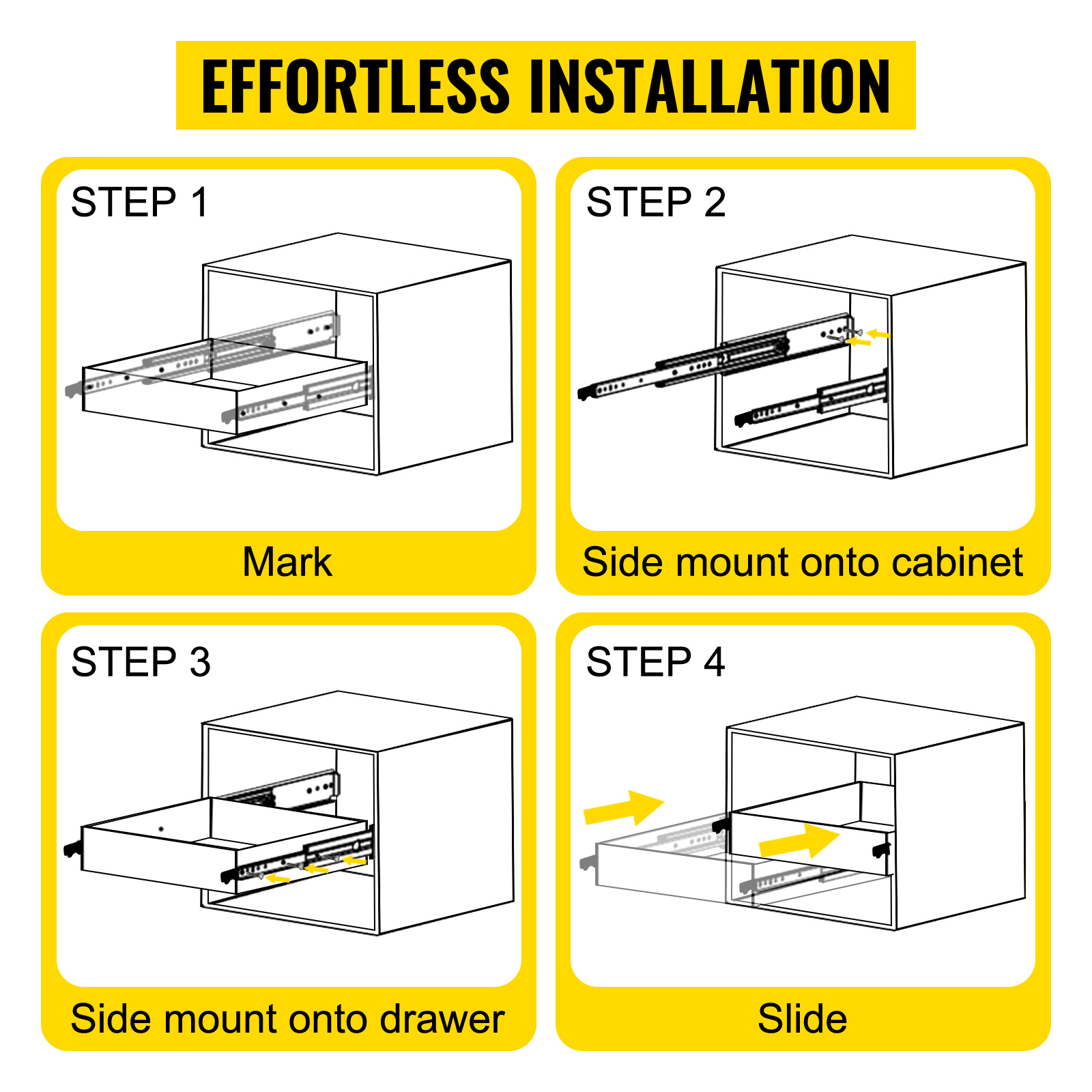 effortless installation steps for VEVOR heavy-duty drawer slides.