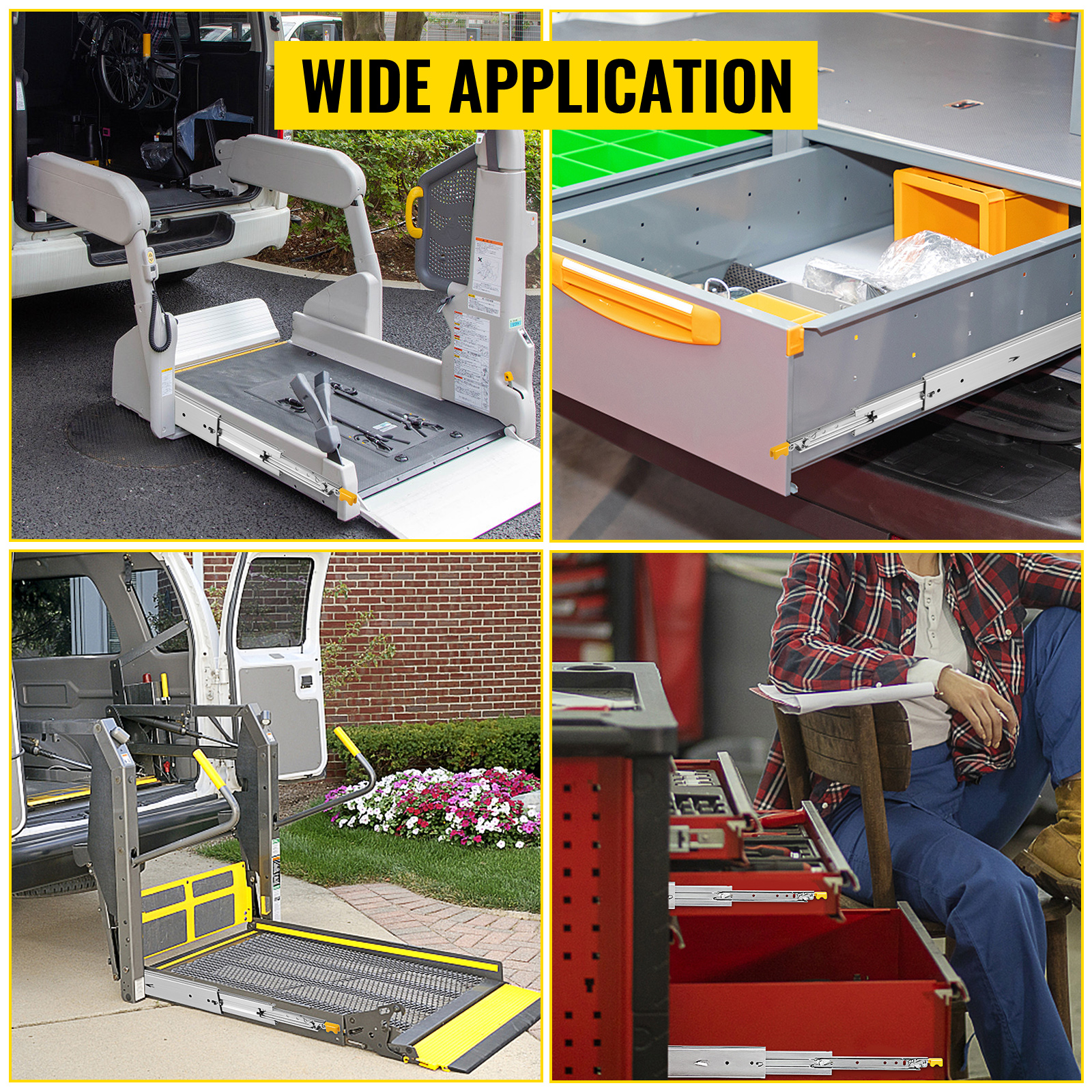 various uses of VEVOR heavy-duty drawer slides in vehicles and workshops.