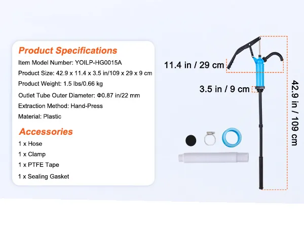 VEVOR drum pump with specifications and accessories including hose, clamp, ptfe tape, and sealing gasket.