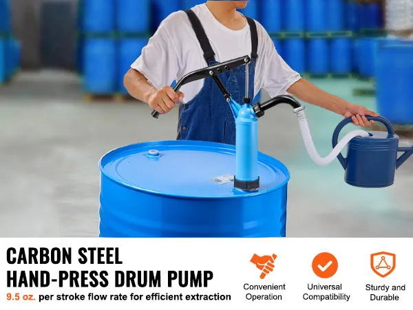 VEVOR drum pump in use for efficient extraction from blue barrels, showcasing its sturdy and durable design.