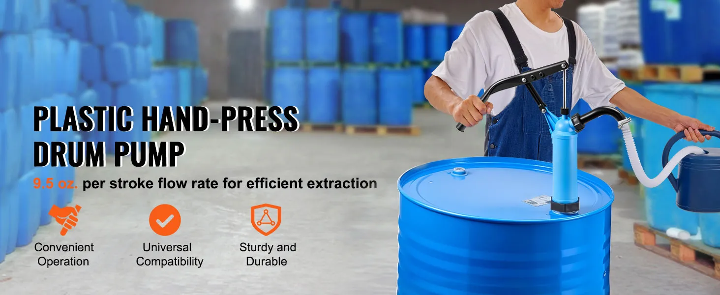 VEVOR drum pump in use for efficient extraction from blue barrels, showcasing its sturdy and durable design.