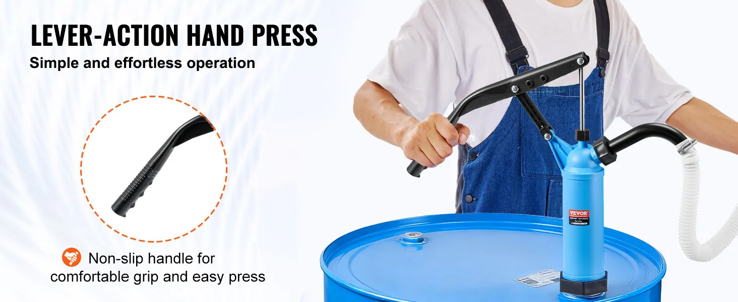 VEVOR drum pump with lever-action hand press, non-slip handle, and easy operation.
