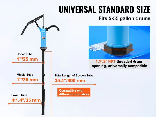VEVOR drum pump with 35.4" suction tube fits 5-55 gallon drums, 1.5"/2" npt threaded opening.