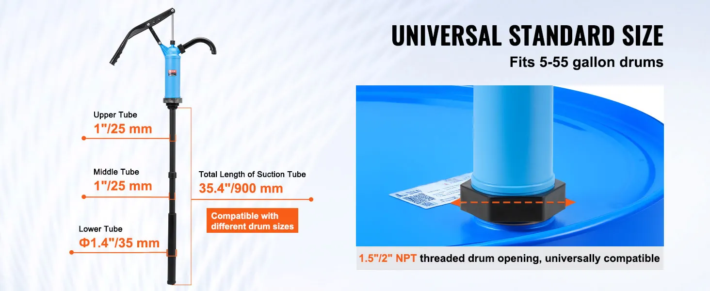 VEVOR drum pump with 35.4" suction tube fits 5-55 gallon drums, 1.5"/2" npt threaded opening.