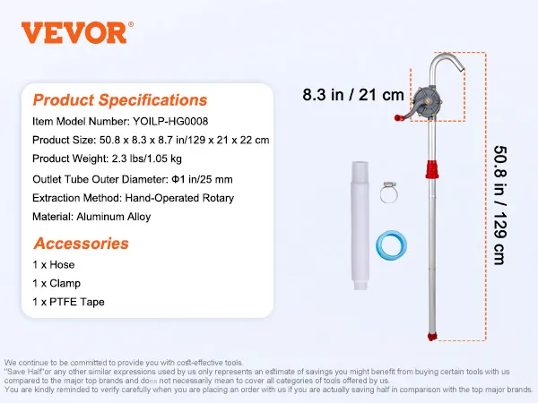 VEVOR drum pump, aluminum alloy, 50.8 in long, 25 mm outlet diameter, includes hose, clamp, ptfe tape.