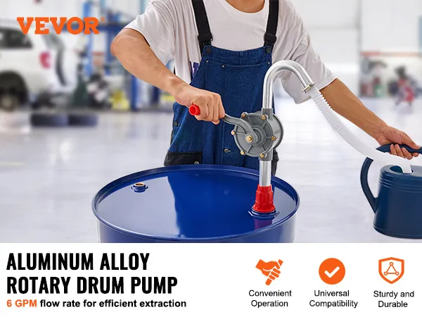 VEVOR drum pump being operated, aluminum alloy, 6 gpm flow rate. convenient, universal, durable.