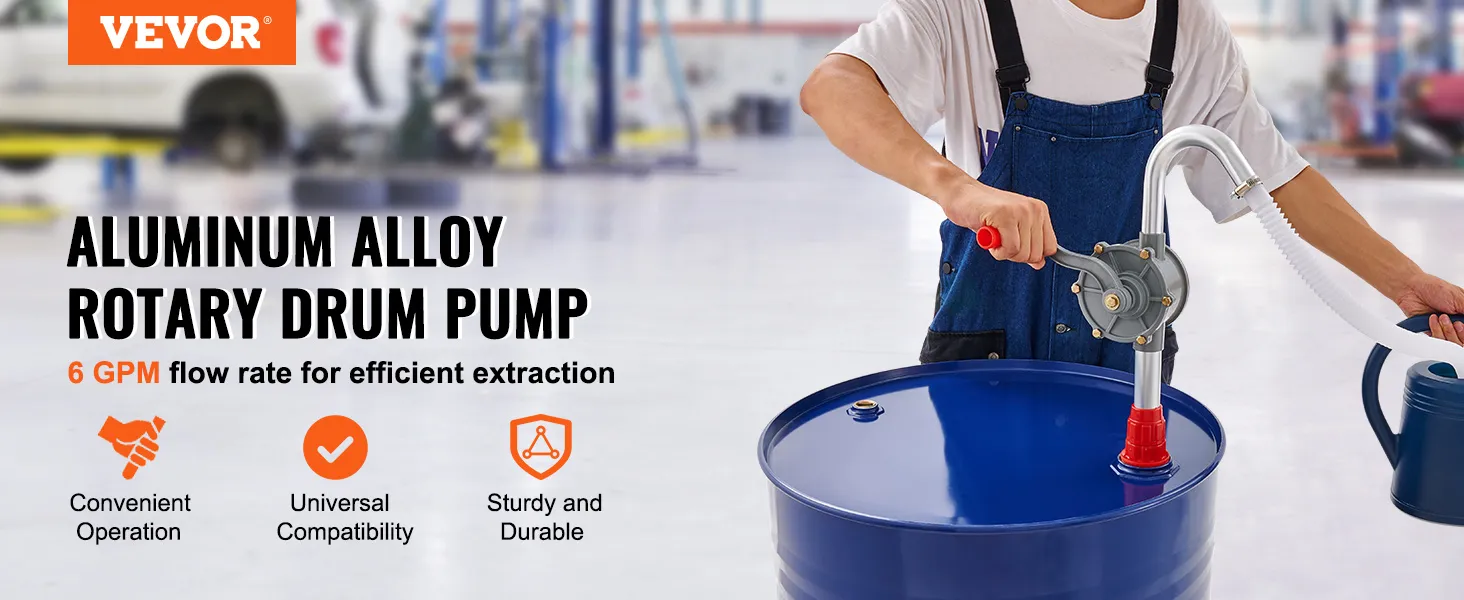 VEVOR drum pump being operated, aluminum alloy, 6 gpm flow rate. convenient, universal, durable.