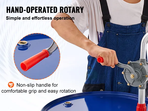 hand-operated rotary VEVOR drum pump with non-slip handle for easy and comfortable grip.