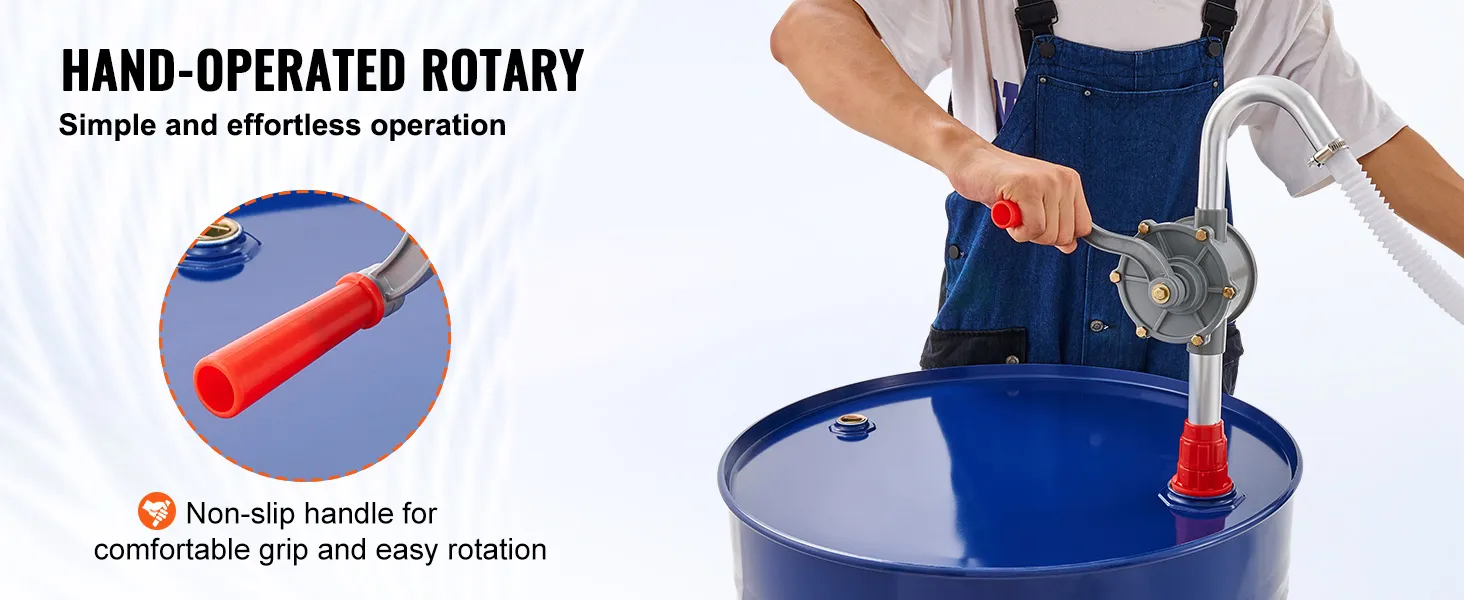 hand-operated rotary VEVOR drum pump with non-slip handle for easy and comfortable grip.