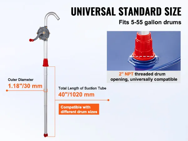 VEVOR drum pump with 1.18" diameter and 40" length, fits 5-55 gallon drums, 2" npt threaded opening.