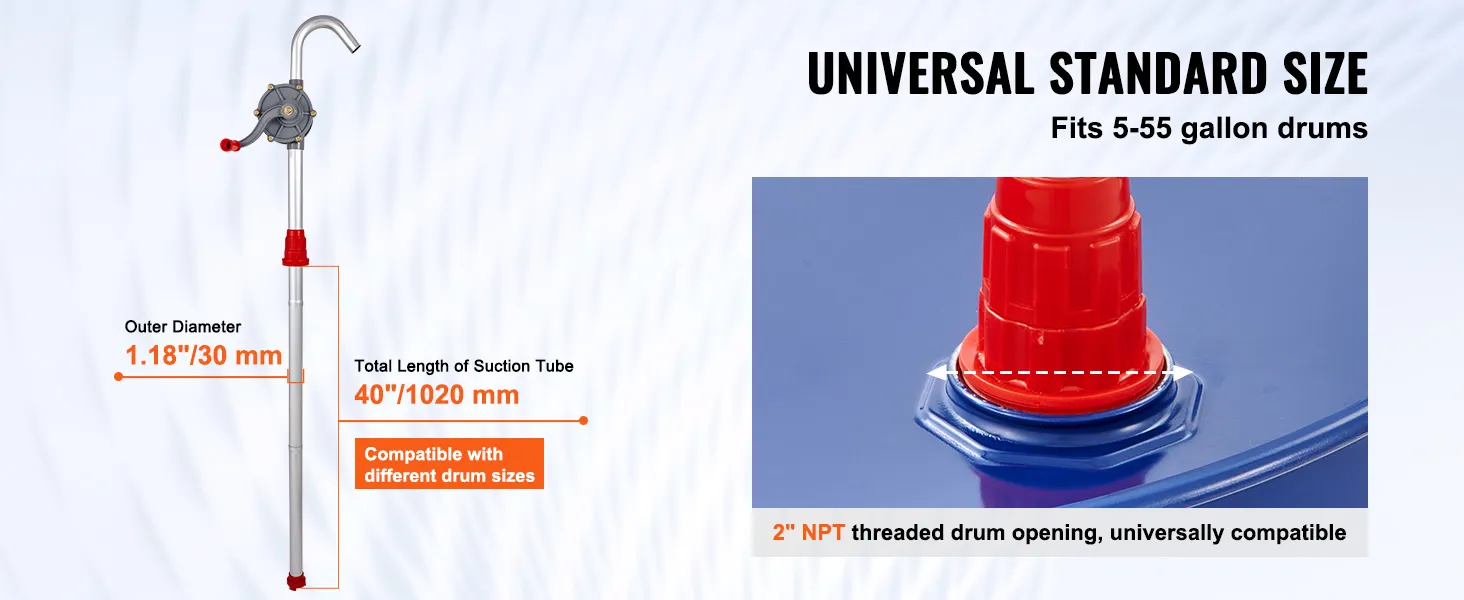 VEVOR drum pump with 1.18" diameter and 40" length, fits 5-55 gallon drums, 2" npt threaded opening.