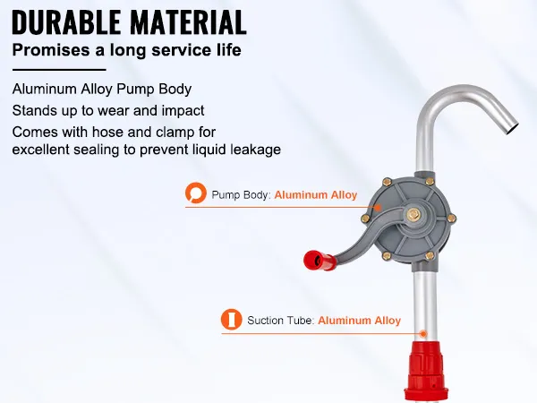 VEVOR drum pump with durable aluminum alloy body, hose, and clamp for excellent liquid sealing.